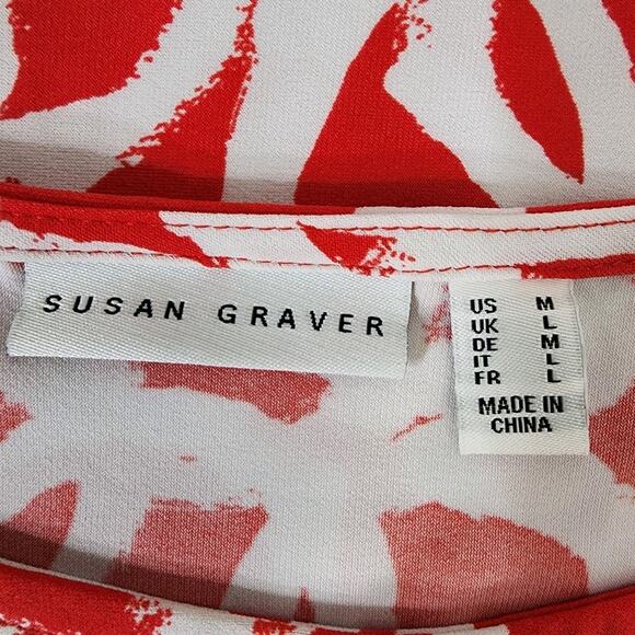 Susan Graver Womens Tunic Top Medium Red Liquid Knit Slits Printed 3/4 Sleeves - Picture 8 of 11